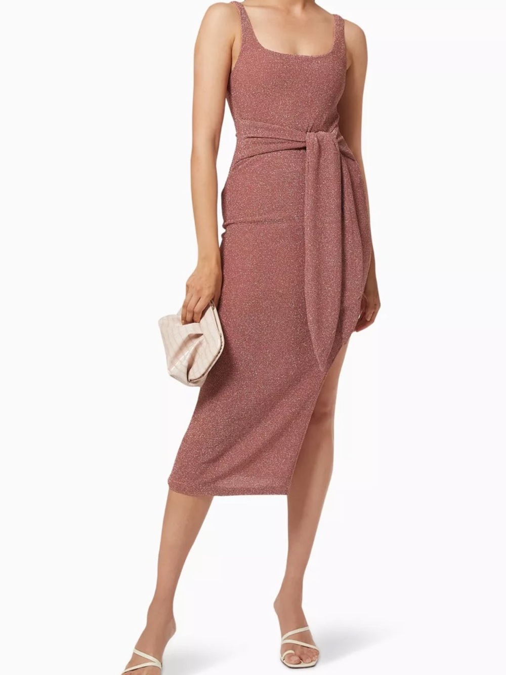 Shimmer Tie-Waist Midi Dress in Dusty Rose